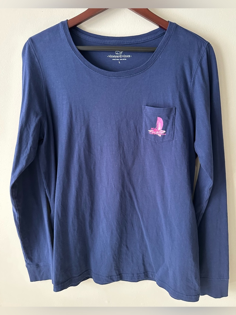 Vineyard Vines women’s large long sleeve pocket tee navy 100% cotton